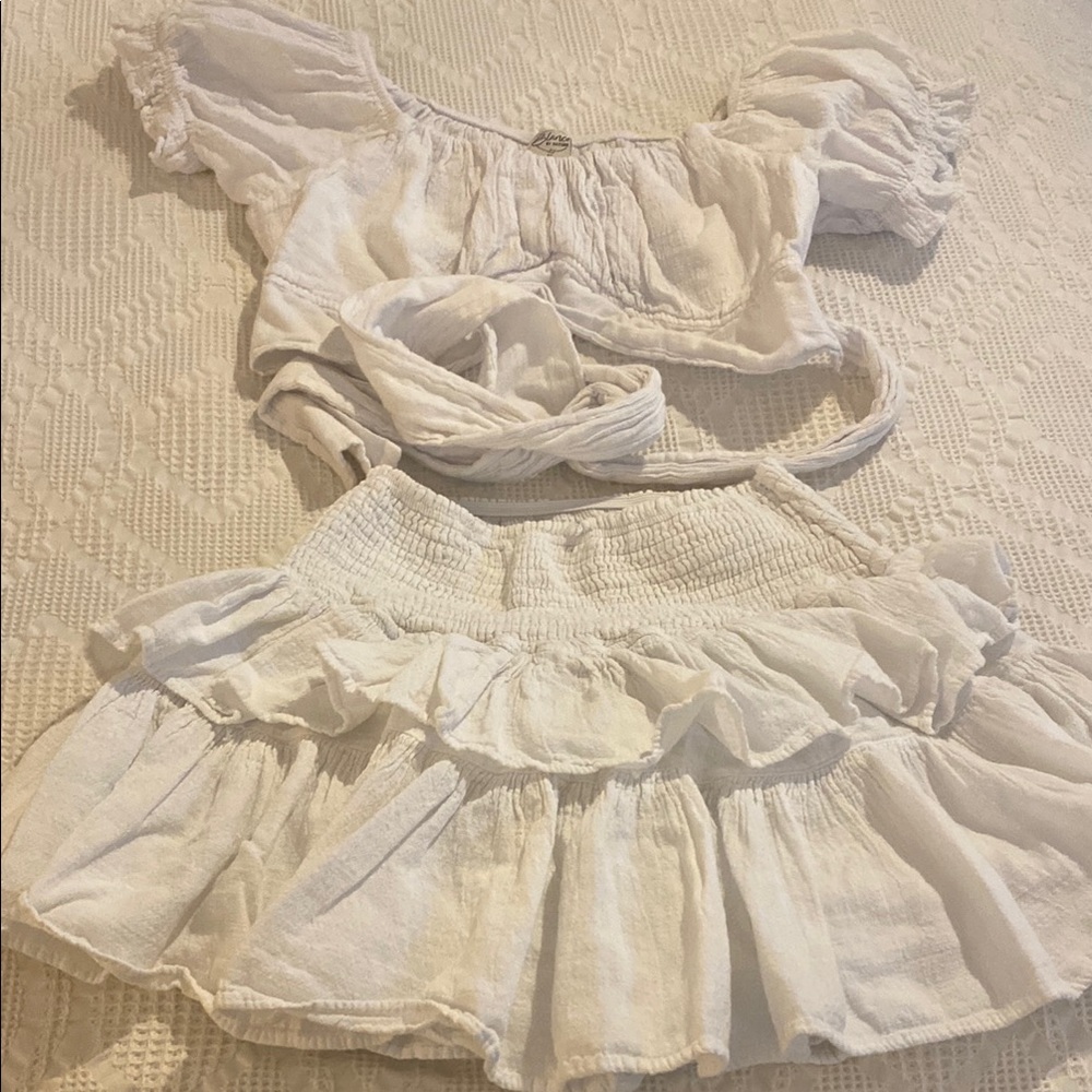 White Ruffled Women's Top and Skirt Set